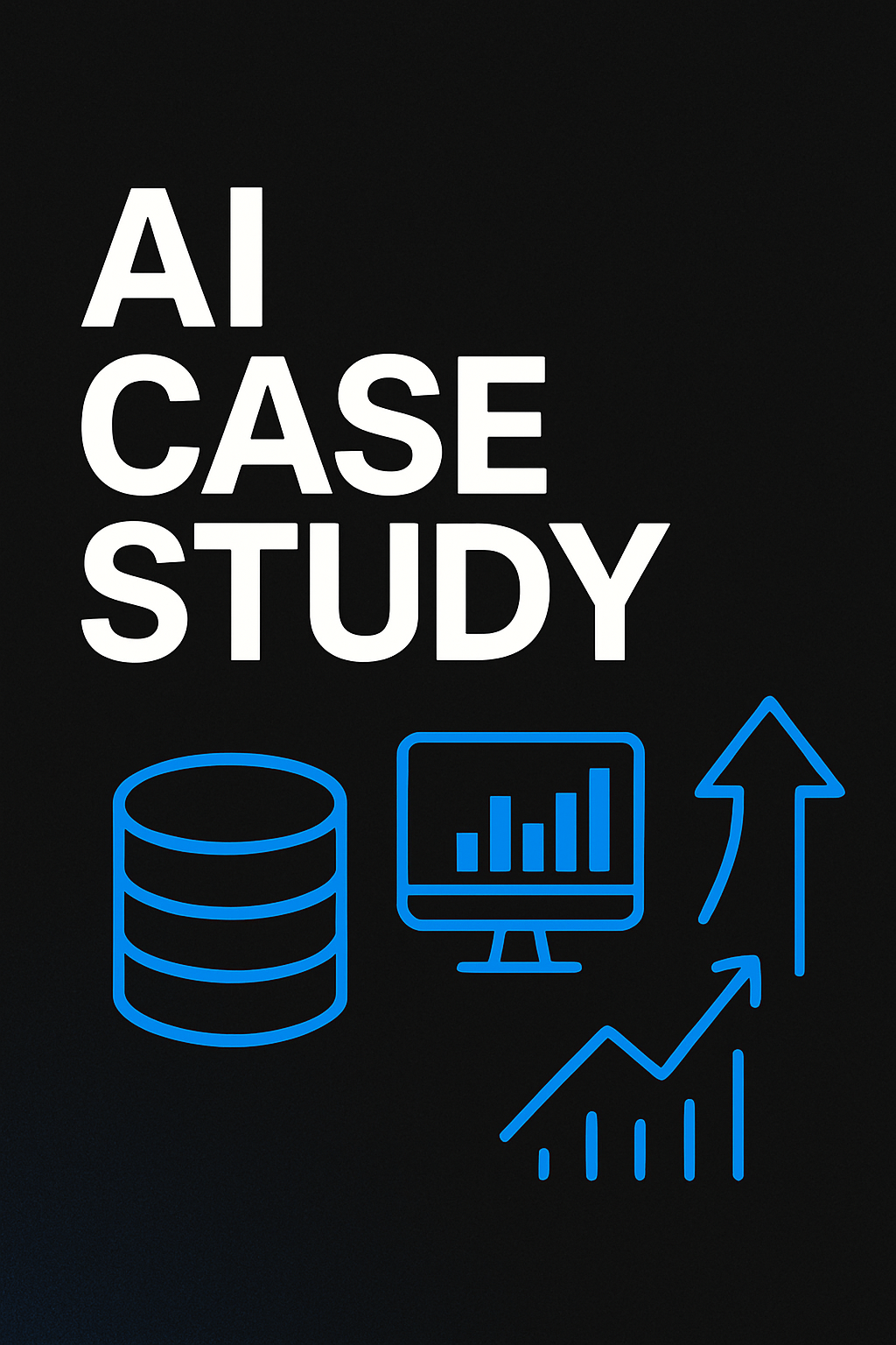 photographic AI Case Study Header Images on black background with blue icons or graphics that emphasize a visual of data reporting  success-1